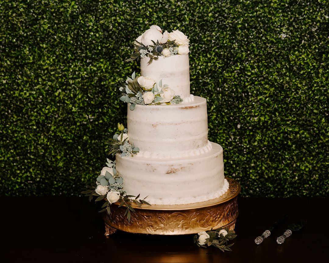 white and sage wedding cake