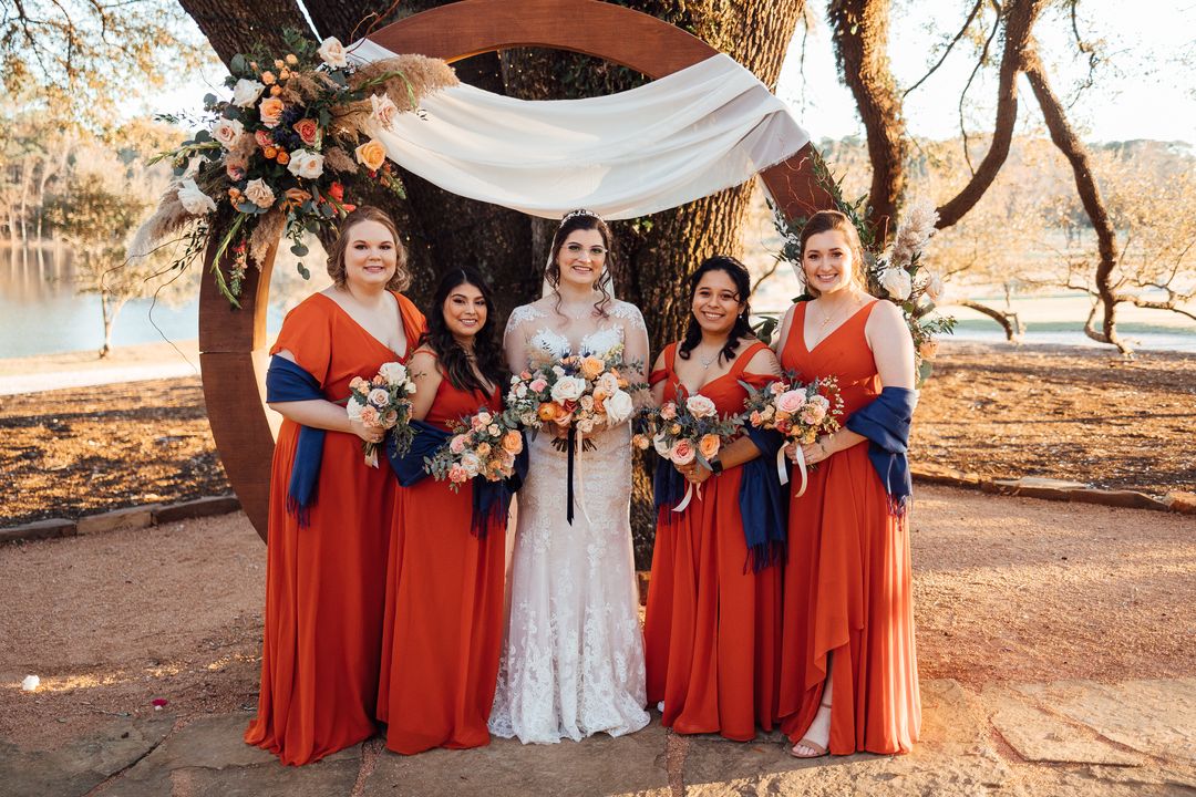 orange and blue bridesmaids