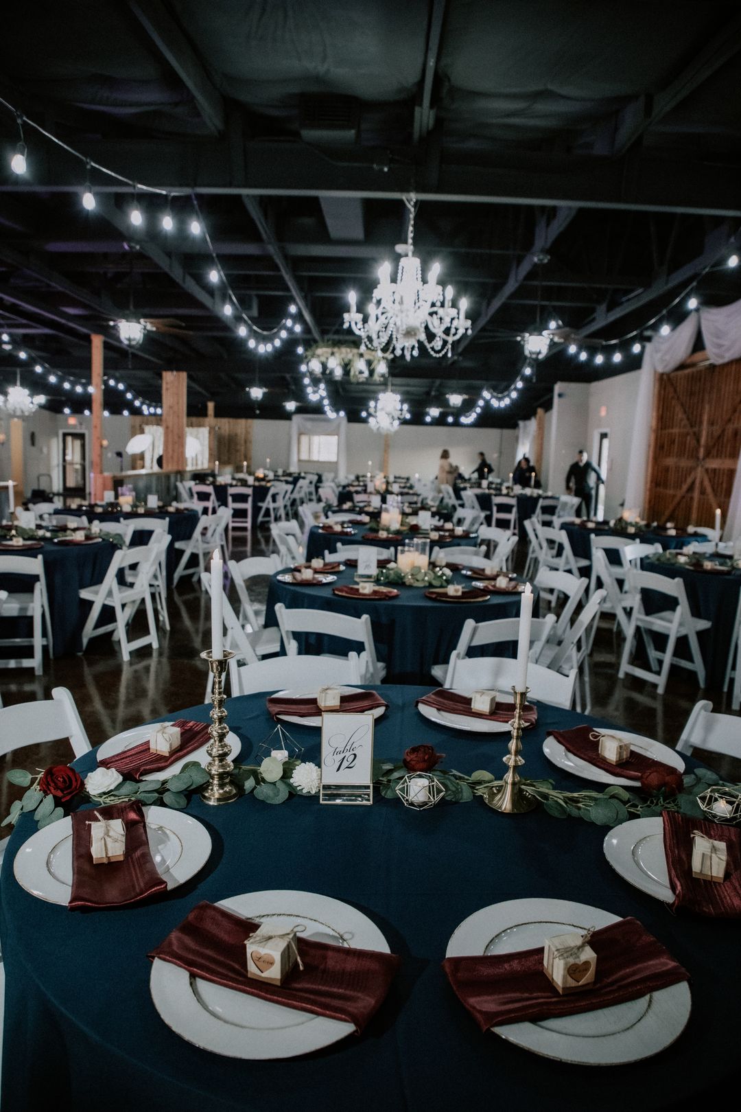 blue and copper wedding reception