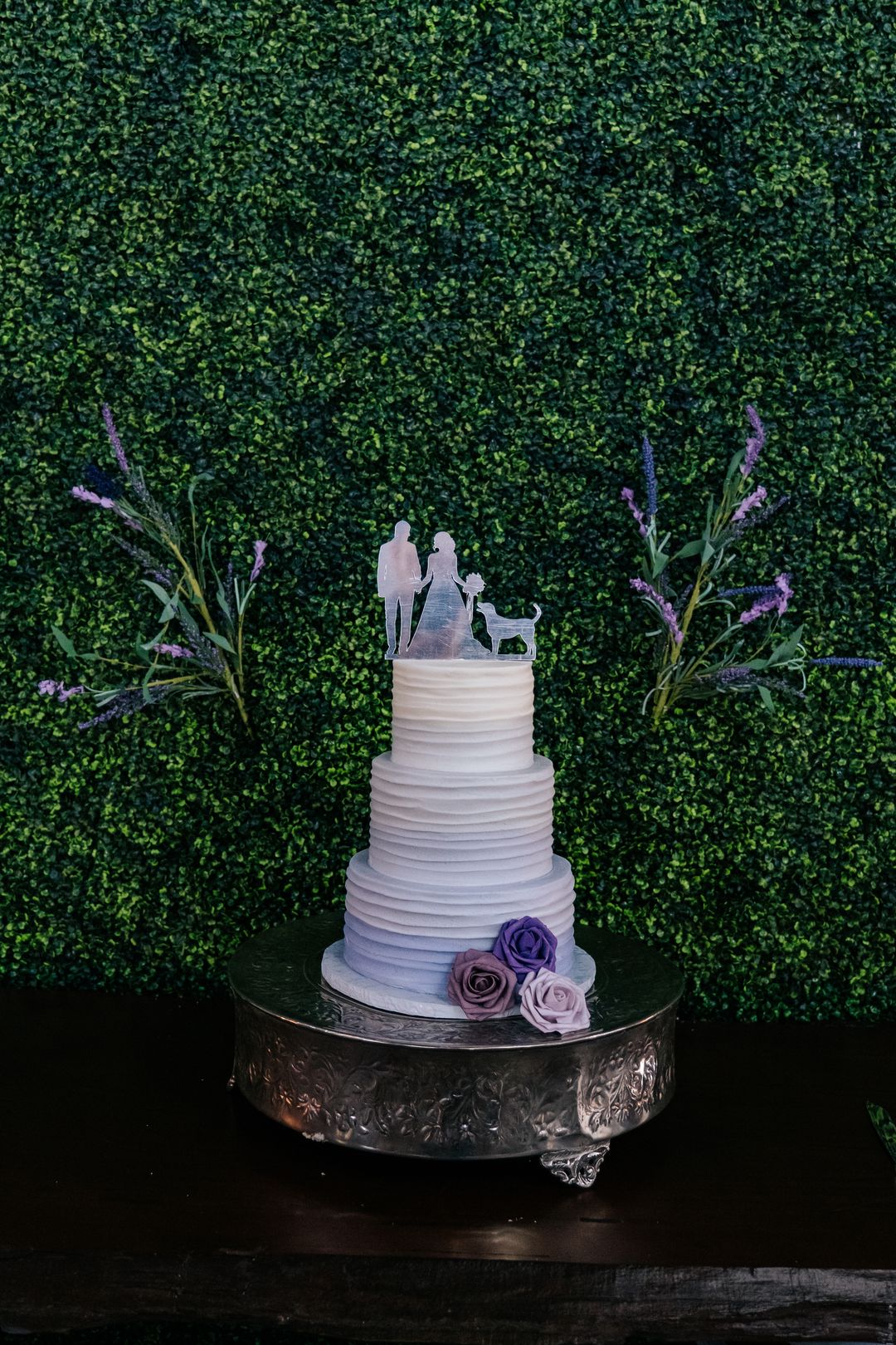 white and purple wedding cake