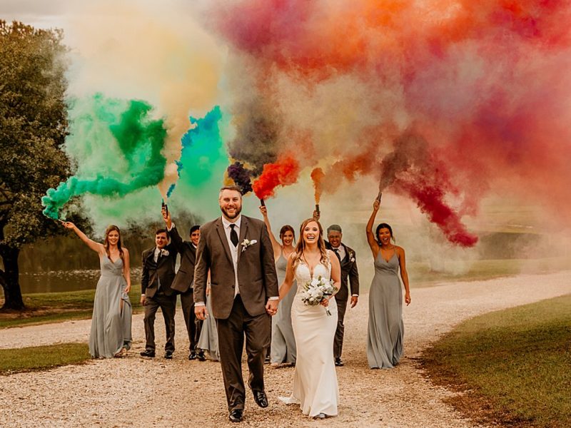 wedding party with smoke bombs OPT