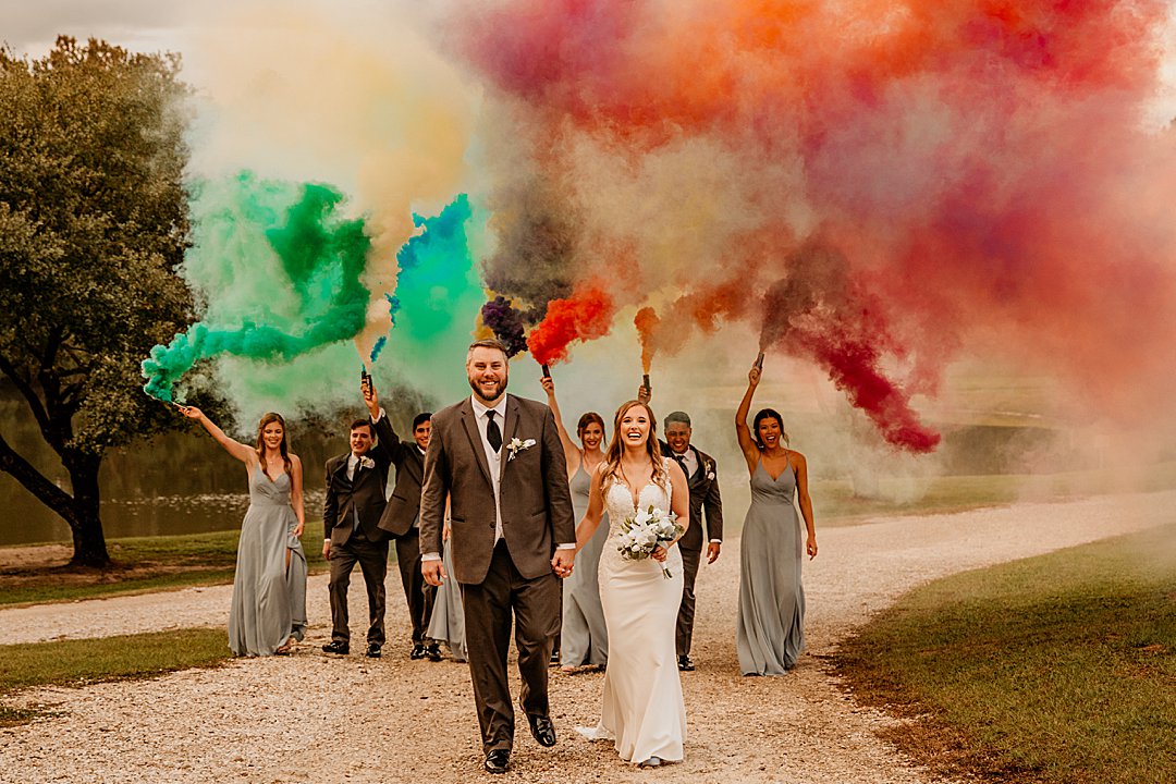wedding party with smoke bombs OPT