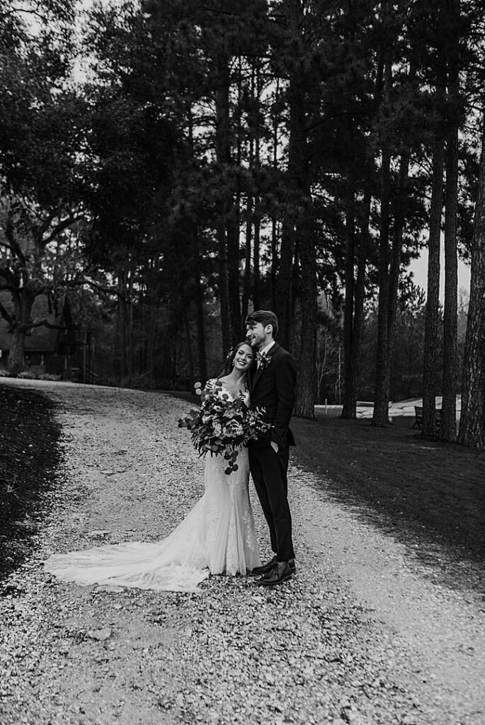 black and white wedding couple portrait