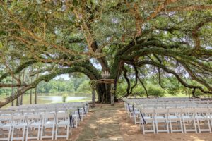 Beautiful outdoor wedding ceremony with elegant chairs, wedding arch, chandelier and lakefront views