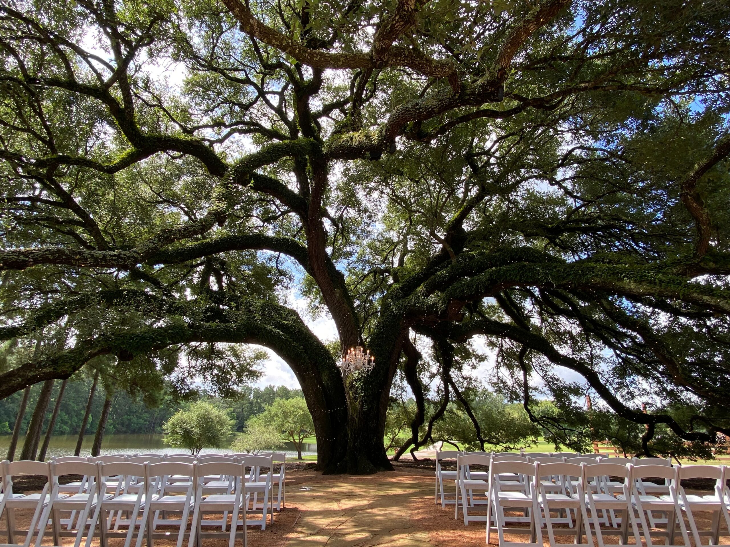 Outdoor wedding ceremony with lakefront views at a wedding venue near Houston