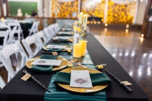 Gold & emerald green wedding color palette at an affordable wedding venue near Houston