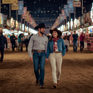 Planning The Perfect Houston Wedding Weekend 5 Couple holding hands as they walk through the Houston Rodeo for a Texas date night